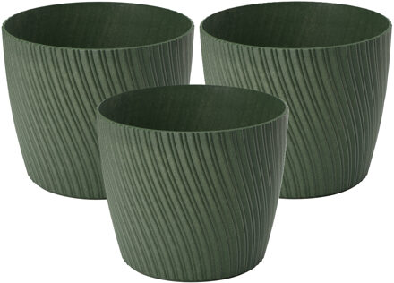 Plantenpot/bloempot Waves - 3x - kunststof - donkergroen - D19 x H16 cm