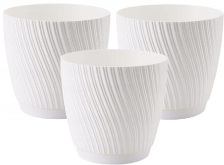 Plantenpot/bloempot Waves - 3x - kunststof - ivoor wit - D19 x H17 cm - met schotel