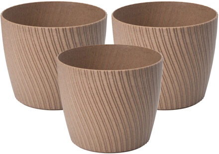 Plantenpot/bloempot Waves - 3x - kunststof - lichtbruin - D17 x H14 cm