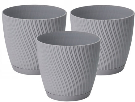 Plantenpot/bloempot Waves - 3x - kunststof - platina grijs - D17 x H15 cm