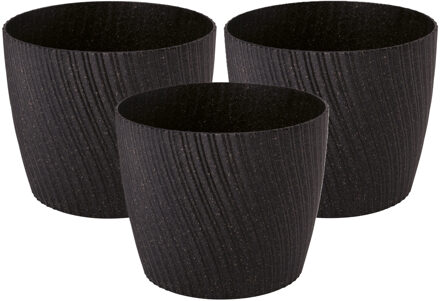 Plantenpot/bloempot Waves - 3x - kunststof - zwart - D17 x H14 cm