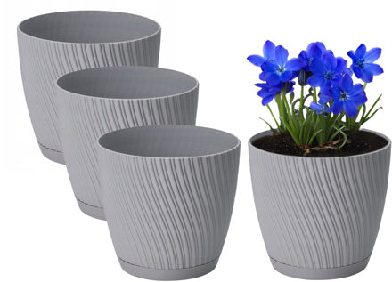 Plantenpot/bloempot Waves - 4x - kunststof - platina grijs - D23 x H21 cm