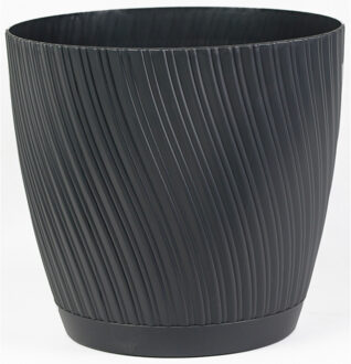 Plantenpot/bloempot Waves - kunststof - antraciet - D19 x H17 cm - met schotel