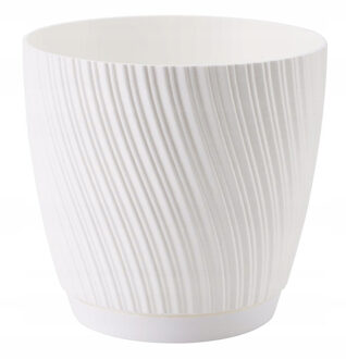 Plantenpot/bloempot Waves - kunststof - ivoor wit - D13 x H12 cm - met schotel