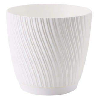 Plantenpot/bloempot Waves - kunststof - ivoor wit - D17 x H15 cm - met schotel
