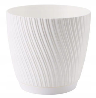 Plantenpot/bloempot Waves - kunststof - ivoor wit - D19 x H17 cm - met schotel