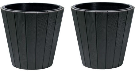 Plantenpot/bloempot Wood Style - 2x - buiten/binnen - kunststof - antraciet - D40 x H37 cm