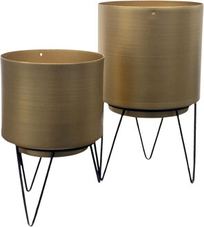 Plantenpotten / bloempotten set - op standaard - 2x stuks - goud - H22-H17