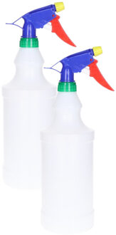 Plantenspuit met een inhoud van 1000 ml - 2x - mat wit - verstuiver kop multi kleuren - 30 cm - kuns