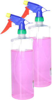 Plantenspuit met een inhoud van 1000 ml - 2x - transparant - verstuiver kop multi kleuren - 30 cm