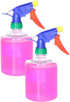 Plantenspuit met een inhoud van 500 ml - 2x - transparant - verstuiver kop multi kleuren - 30 cm