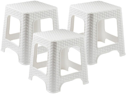 Plasicforte opstapje/krukje - 3x - wit - rotan kunststof - 32 x 32 x 30 cm - Keuken/kamers/dhz