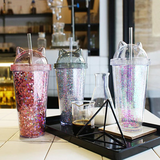 Plastic Cup with Straw Sequin Double Layer Water Bottle Cat Ear Cute Tumbler For Birthday Gift Summer Drinkware Dropshipping