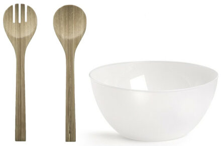 Plastic Forte Slakom/schaal met bamboe slacouvert - Kunststof - D25 cm