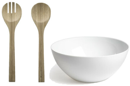 Plastic Forte Slakom/schaal met bamboe slacouvert - Kunststof - D26 cm