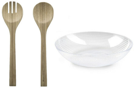 Plastic Forte Slakom/schaal met bamboe slacouvert - Kunststof - D30 cm