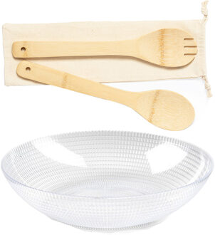 Plastic Forte Slakom/schaal met bamboe slacouvert - Kunststof - D30 cm