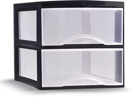 Plasticforte Ladeblokje/bureau organizer 2x lades - transparant/zwart - L26 x B36 x H25 cm - Ladeblok