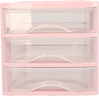 Plasticforte Ladeblokje/bureau organizer 3x lades - roze/transparant - L18 x B21 x H17 cm - Ladeblok