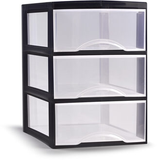 Plasticforte Ladeblokje/bureau organizer 3x lades - transparant/zwart - L26 x B37 x H37 cm - Ladeblok