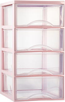 Plasticforte Ladeblokje/bureau organizer 4x lades - transparant/roze - L26 x B36 x H49 cm - Ladeblok