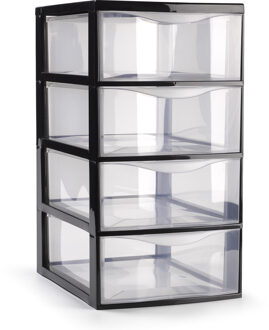 Plasticforte Ladeblokje/bureau organizer 4x lades - transparant/zwart - L18 x B25 x H33 cm - Ladeblok