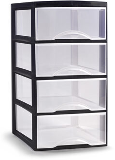 Plasticforte Ladeblokje/bureau organizer 4x lades - transparant/zwart - L26 x B36 x H49 cm - Ladeblok