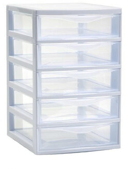 Plasticforte Ladeblokje/bureau organizer 5x lades - wit/transparant - L18 x B21 x H28 cm - plastic - Ladeblok