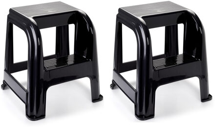Plasticforte Opstapkrukje - 2x - 2 tredes - zwart - kunststof - 45 cm