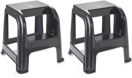 Plasticforte Opstapkrukje - 2x stuks - 2 tredes - donkergrijs - kunststof - 45 cm