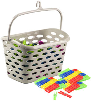 Plasticforte Wasknijpers ophang mandje/bakje - beige - met 72x plastic knijpers - knijperszakken