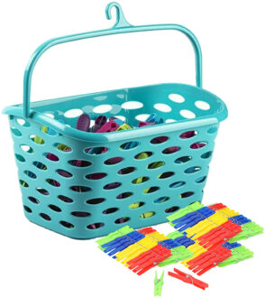 Plasticforte Wasknijpers ophang mandje/bakje - blauw - met 72x plastic knijpers - knijperszakken