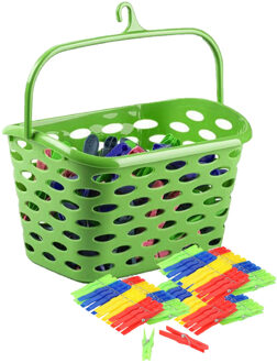 Plasticforte Wasknijpers ophang mandje/bakje - groen - met 72x plastic knijpers - knijperszakken