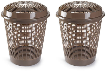 Plasticforte Wasmand met deksel - 2x stuks - 50 liter - bruin - rond - D45 x H57 cm