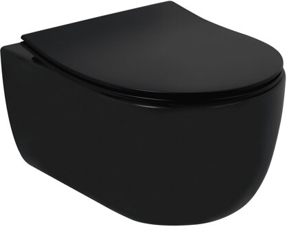 Plieger Kansas wandclosetpack met compact wandcloset diepspoel spoelrandloos 36x49cm inclusief softclose slim closetzitting en lift-off mat zwart KANSASPACK MAT BLACK COMPACT Zwart mat