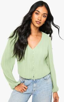 Plissé Blouse Met Knoopsluiting, Sage - 42
