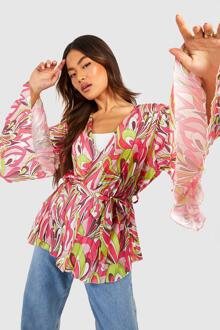Plisse Kimono Met Abstracte Opdruk, Wijde Mouwen En Ceintuur, Pink - S