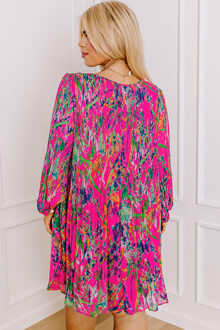 Plissé Mini Jurk met Bloemenprint Stoffig Roze