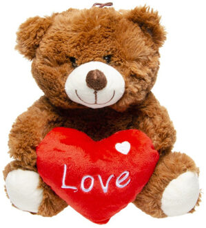Pluche beer - 23 cm - bruin - knuffel met hartje - Valentijn
