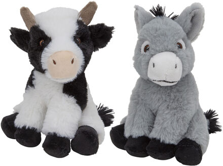 Pluche boerderijdieren knuffels Koe en Ezel setje van 19 en 16 cm - Knuffel boederijdieren Multikleur