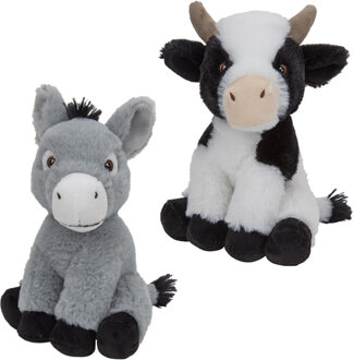 Pluche boerderijdieren knuffels Koe en Ezel van 23 cm - Knuffel boederijdieren Multikleur