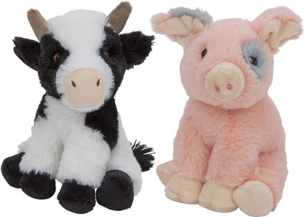 Pluche boerderijdieren knuffels Koe en Varken setje van 19 en 18 cm - Knuffel boederijdieren Multikleur