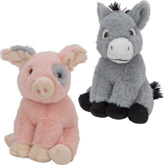 Pluche boerderijdieren knuffels Varken en Ezel setje van 18 en 16 cm - Knuffel boederijdieren Multikleur