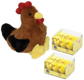 Pluche bruine kippen/hanen knuffel van 25 cm met 12x stuks mini kuikentjes