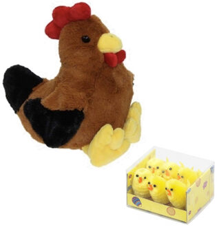 Pluche bruine kippen knuffel - 25 cm - met 6x stuks mini kuikentjes 3.5 cm - Paas/pasen decoratie
