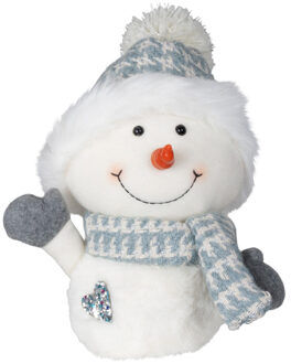 Pluche decoratie sneeuwpop - 27 cm - blauw - met sjaal en muts - Kerstman pop