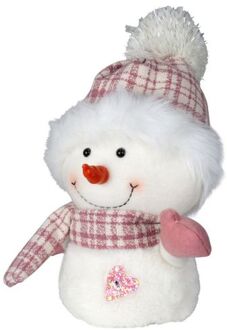 Pluche decoratie sneeuwpop - 27 cm - roze - pop - met sjaal en muts - Kerstman pop