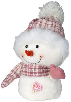 Pluche decoratie sneeuwpop - 27 cm - roze - pop - met sjaal en muts