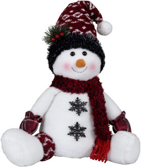Pluche decoratie sneeuwpop - 36 cm - met rode muts - zittend