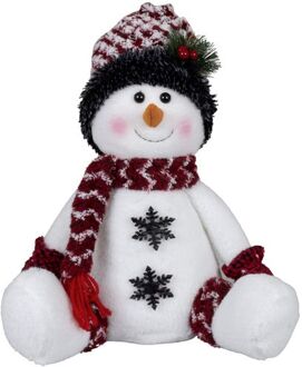Pluche decoratie sneeuwpop - 36 cm - met witte muts - zittend - Kerstman pop Rood